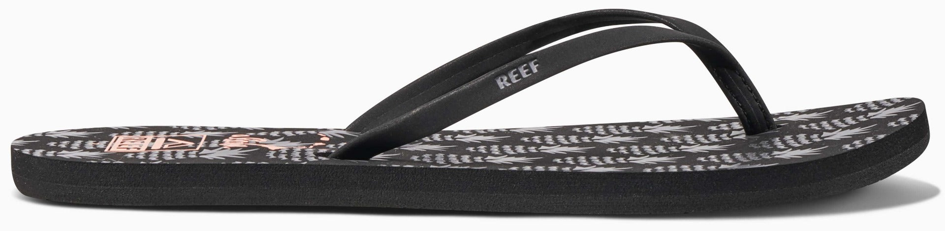 Reef Women's Bliss-Full Sandal 2020 - A pair of black sandals with a pink logo on the strap.