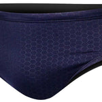 TYR Men's Hexa Racer Swimsuit - A navy blue swimsuit with a hexagonal pattern on the front and back, featuring white accents and a TYR logo in the upper right corner.