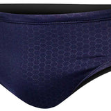 TYR Men's Hexa Racer Swimsuit - A navy blue swimsuit with a hexagonal pattern on the front and back, featuring white accents and a TYR logo in the upper right corner.