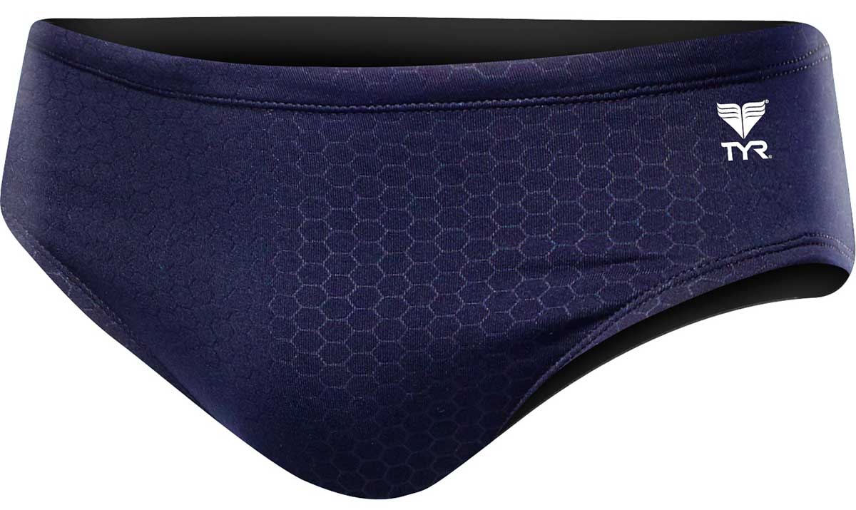 TYR Men's Hexa Racer Swimsuit - A navy blue swimsuit with a hexagonal pattern on the front and back, featuring white accents and a TYR logo in the upper right corner.