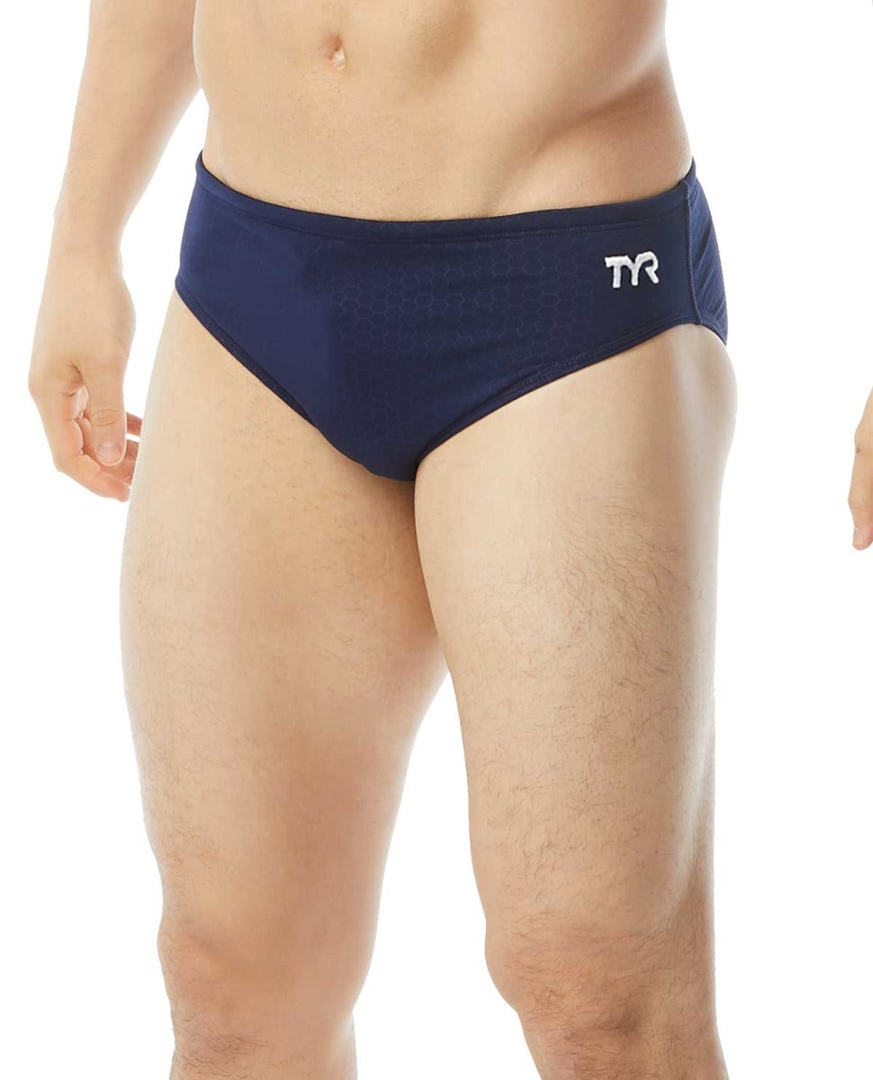 TYR Men's Hexa Racer Swimsuit - A navy blue swimsuit with a geometric pattern on the front and back, featuring white accents.