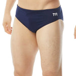 TYR Men's Hexa Racer Swimsuit - A navy blue swimsuit with a geometric pattern on the front and back, featuring white accents.