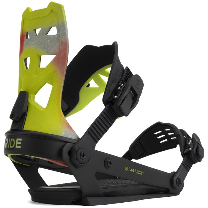Ride A-8 Snowboard Bindings 2022 - Black bindings with silver screws and black straps.