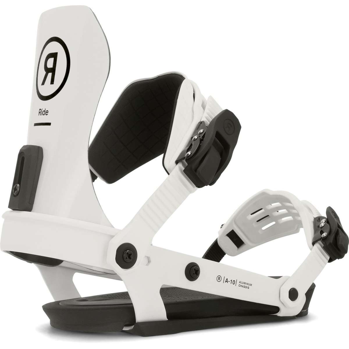 Ride A-10 Snowboard Bindings 2024 - White bindings with black buckles and straps.