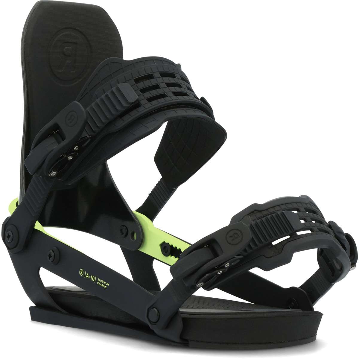 Ride A-10 Snowboard Bindings 2024 - Black bindings with neon green accents on the straps and buckles.