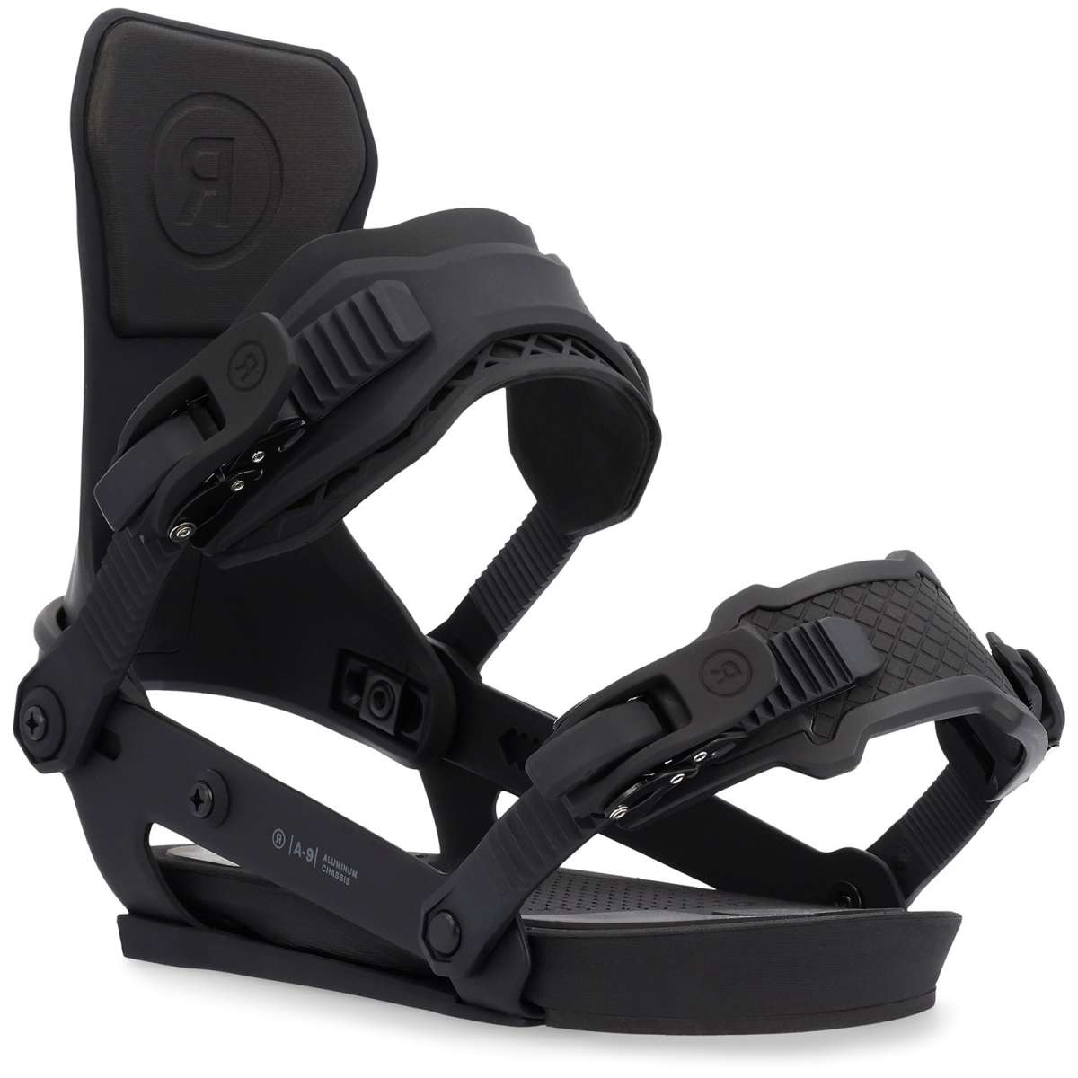 Ride A-9 Snowboard Bindings 2024 - Black snowboard bindings with a rectangular logo on top of the left binding strap.