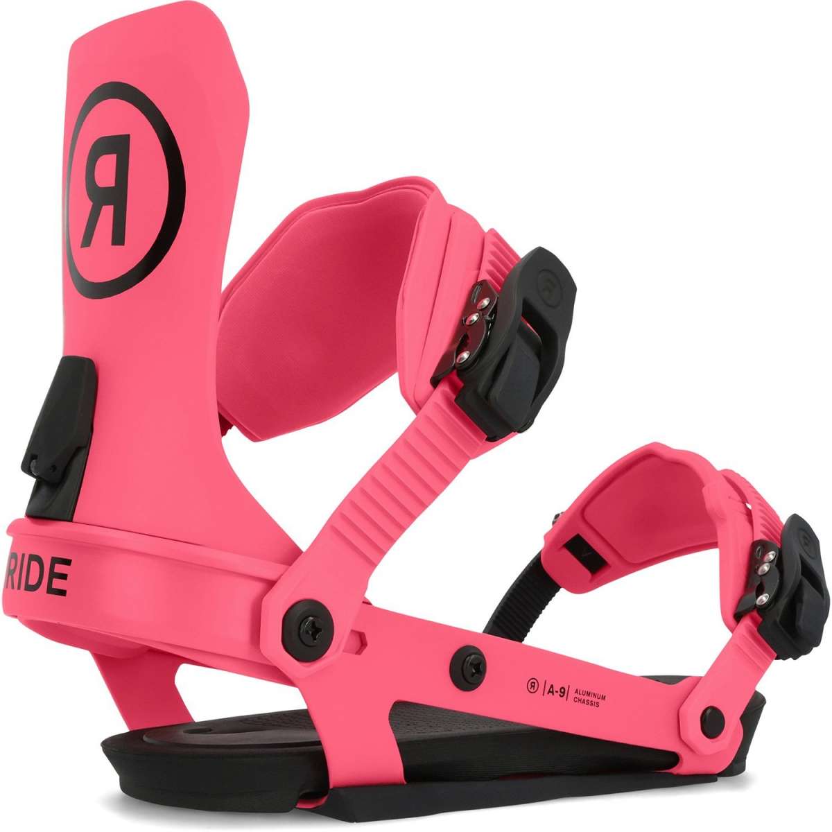 Ride A-9 Snowboard Bindings 2024 - Pink bindings with black buckles and straps.