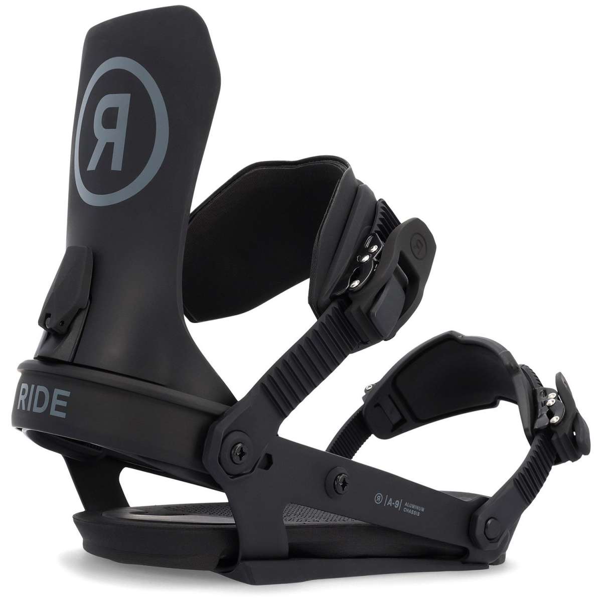 Ride A-9 Snowboard Bindings 2024 - Black bindings with silver logo on top of left boot strap.