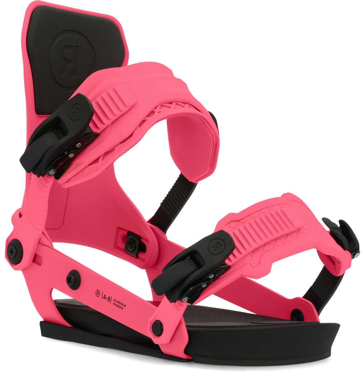 Ride A-9 Snowboard Bindings 2024 - Black bindings with silver screws and black straps on a white background.