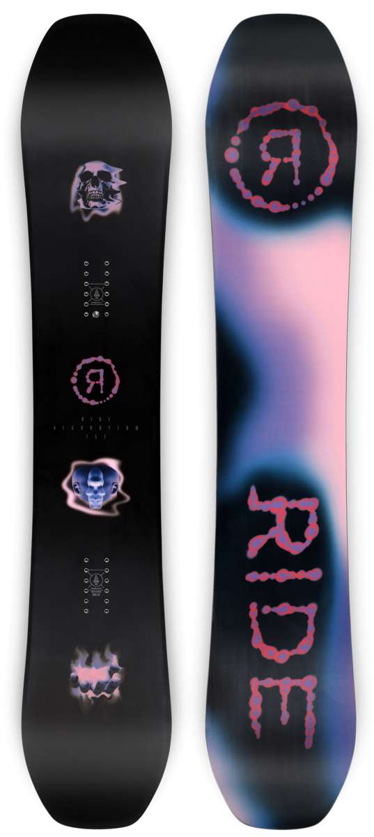 Ride Algorhythm Snowboard 2024 - A black snowboard with a pink logo featuring a stylized "A" and a white outline of a mountain range.