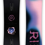Ride Algorhythm Snowboard 2024 - A black snowboard with a pink logo featuring a stylized "A" and a white outline of a mountain range.
