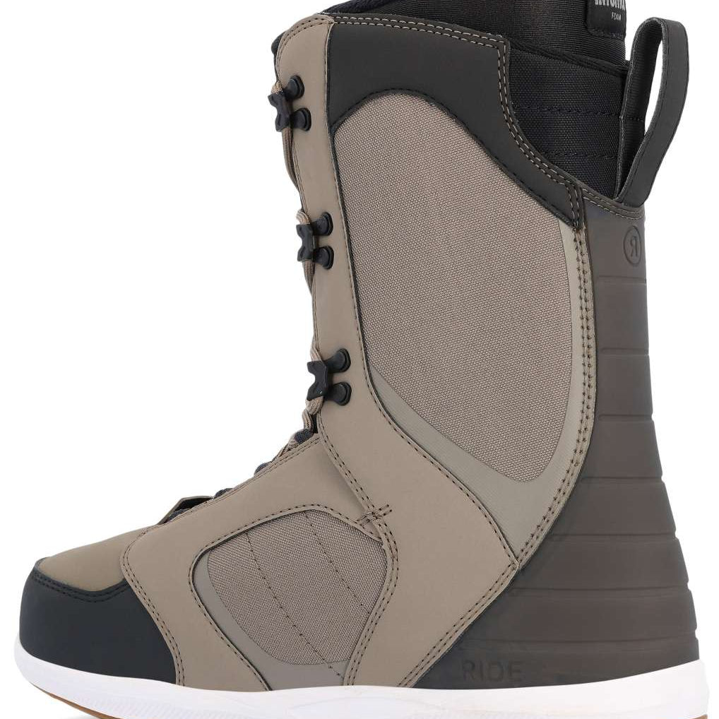 Ride Anchor Snowboard Boot 2023 - A tan snowboard boot with a black toe cap and laces, featuring a mesh panel on the side.