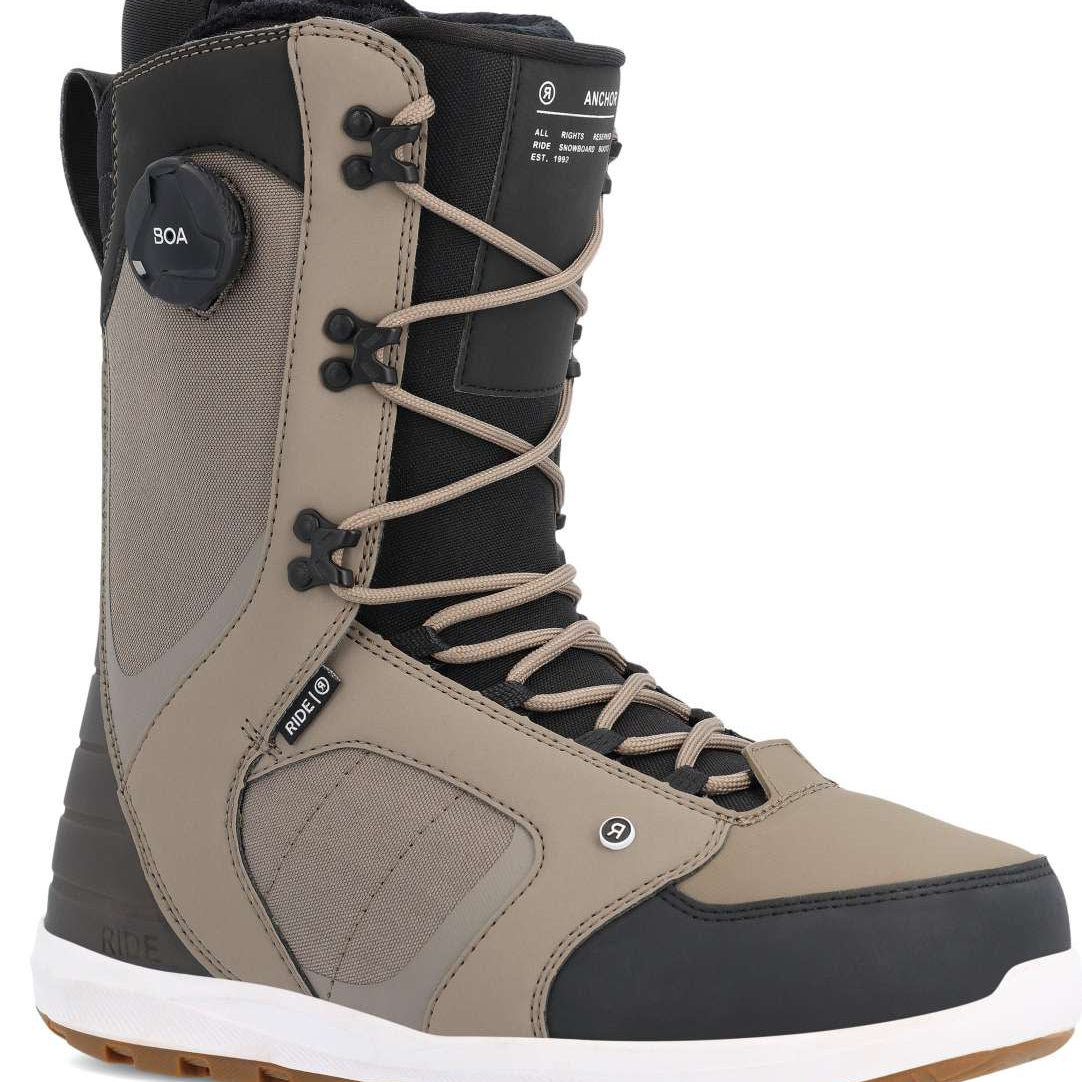 Ride Anchor Snowboard Boot 2023 - Black snowboard boots with white laces and a black BOA dial on the side.