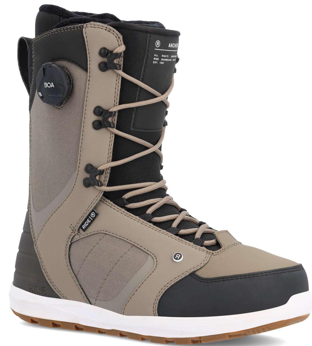 Ride Anchor Snowboard Boot 2023 - Black snowboard boots with white laces and a black BOA dial on the side.