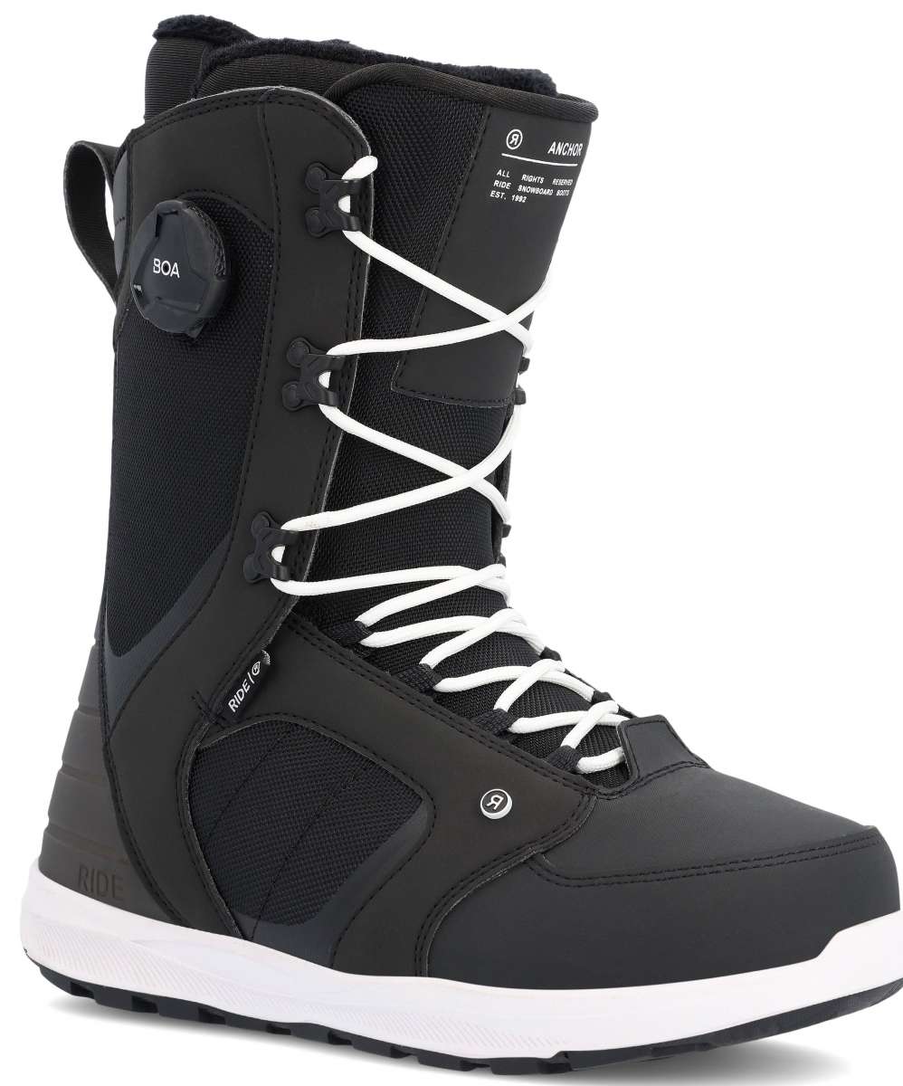Ride Anchor Snowboard Boot 2023 - Black snowboard boots with white laces and a black BOA dial on the side.