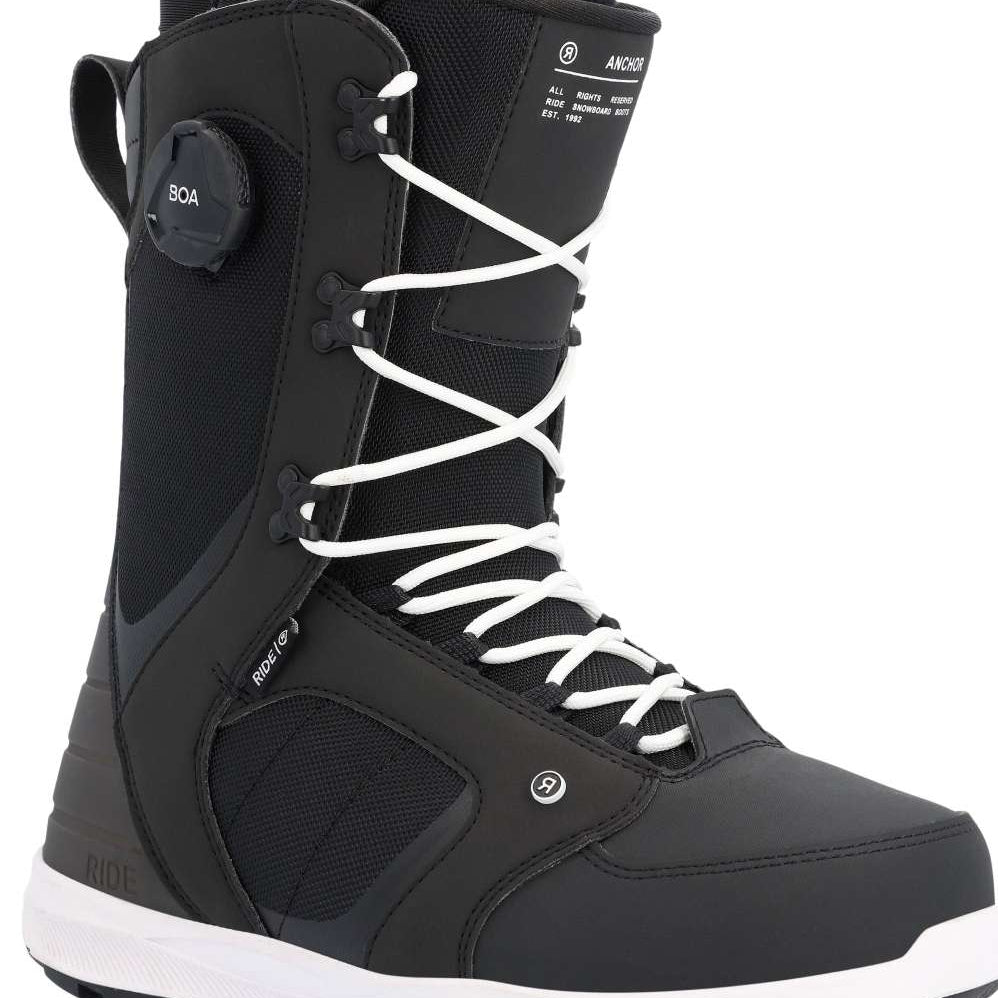 Ride Anchor Snowboard Boot 2023 - Black snowboard boots with white laces and a black BOA dial on the side.