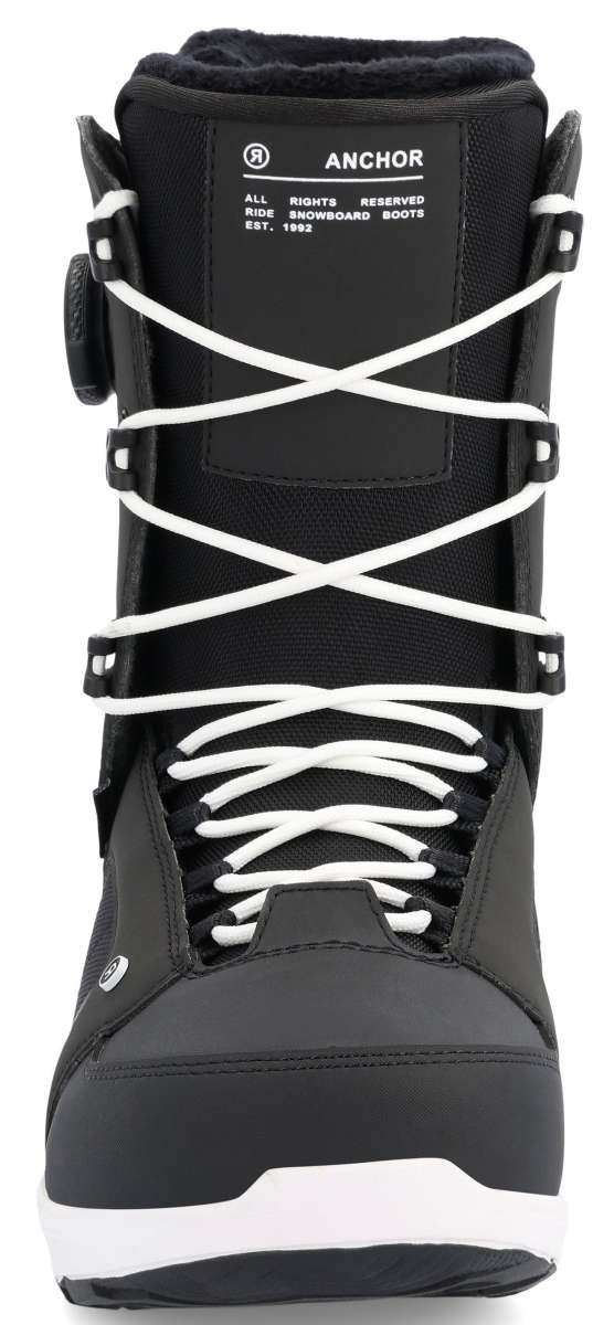 Ride Anchor Snowboard Boot 2023 - Black snowboard boots with white laces and a black logo on the side.
