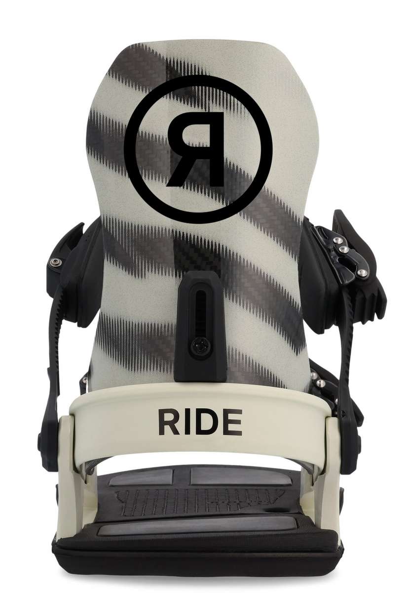 Ride C-10 Snowboard Binding 2023 - A black snowboard binding with a circular logo featuring a stylized "R" in the center, set against a white background.