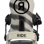 Ride C-10 Snowboard Binding 2023 - A black snowboard binding with a circular logo featuring a stylized "R" in the center, set against a white background.
