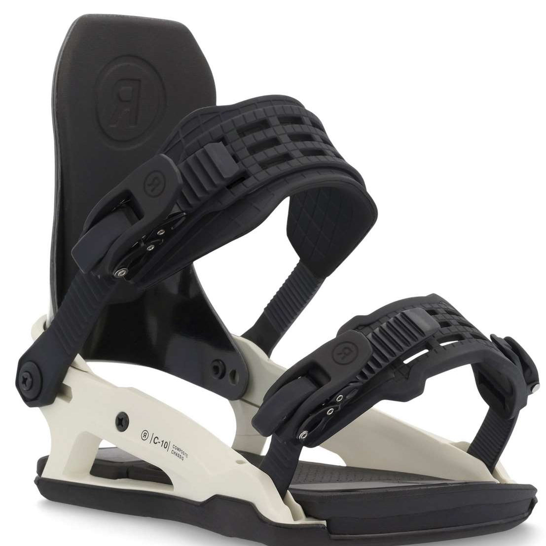 Ride C-10 Snowboard Binding 2023 - A black snowboard binding with a white baseplate and straps, featuring a circular logo on the top strap.