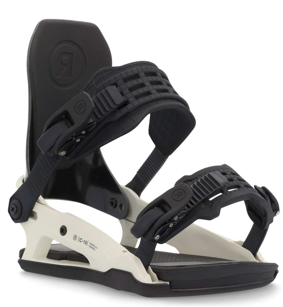 Ride C-10 Snowboard Binding 2023 - A black snowboard binding with a white baseplate and straps, featuring a circular logo on the top strap.