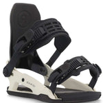 Ride C-10 Snowboard Binding 2023 - A black snowboard binding with a white baseplate and straps, featuring a circular logo on the top strap.