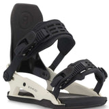 Ride C-10 Snowboard Binding 2023 - A black snowboard binding with a white baseplate and straps, featuring a circular logo on the top strap.
