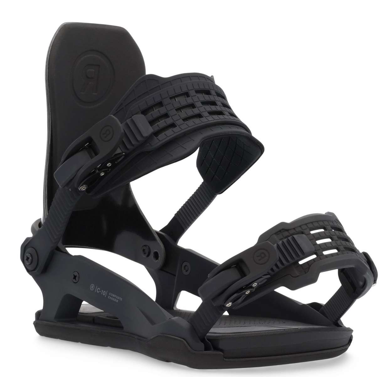 Ride C-10 Snowboard Binding 2023 - Black snowboard bindings with a sleek, modern design and silver buckles.