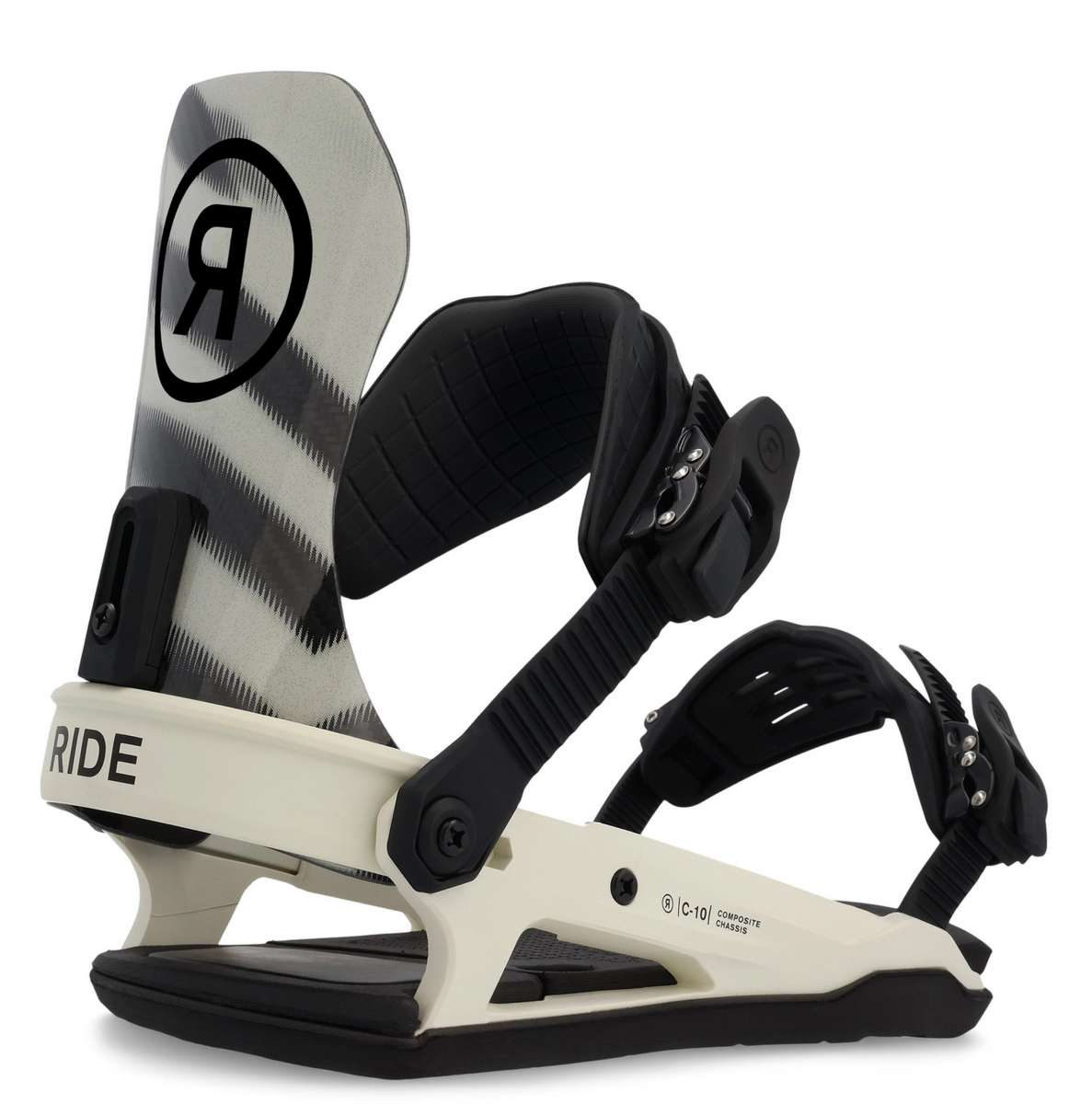 Ride C-10 Snowboard Binding 2023 - A black snowboard binding with a white logo on top of the left foot strap and a white "C-10" label on the right side.