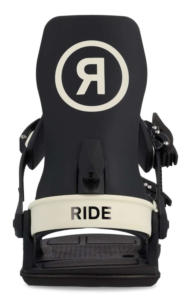 Ride C-6 Snowboard Binding 2023 - A black snowboard binding with a white "R" logo in a circle on top, featuring silver screws and bolts.