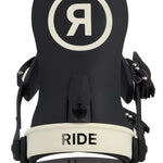 Ride C-6 Snowboard Binding 2023 - A black snowboard binding with a white "R" logo in a circle on top, featuring silver screws and bolts.