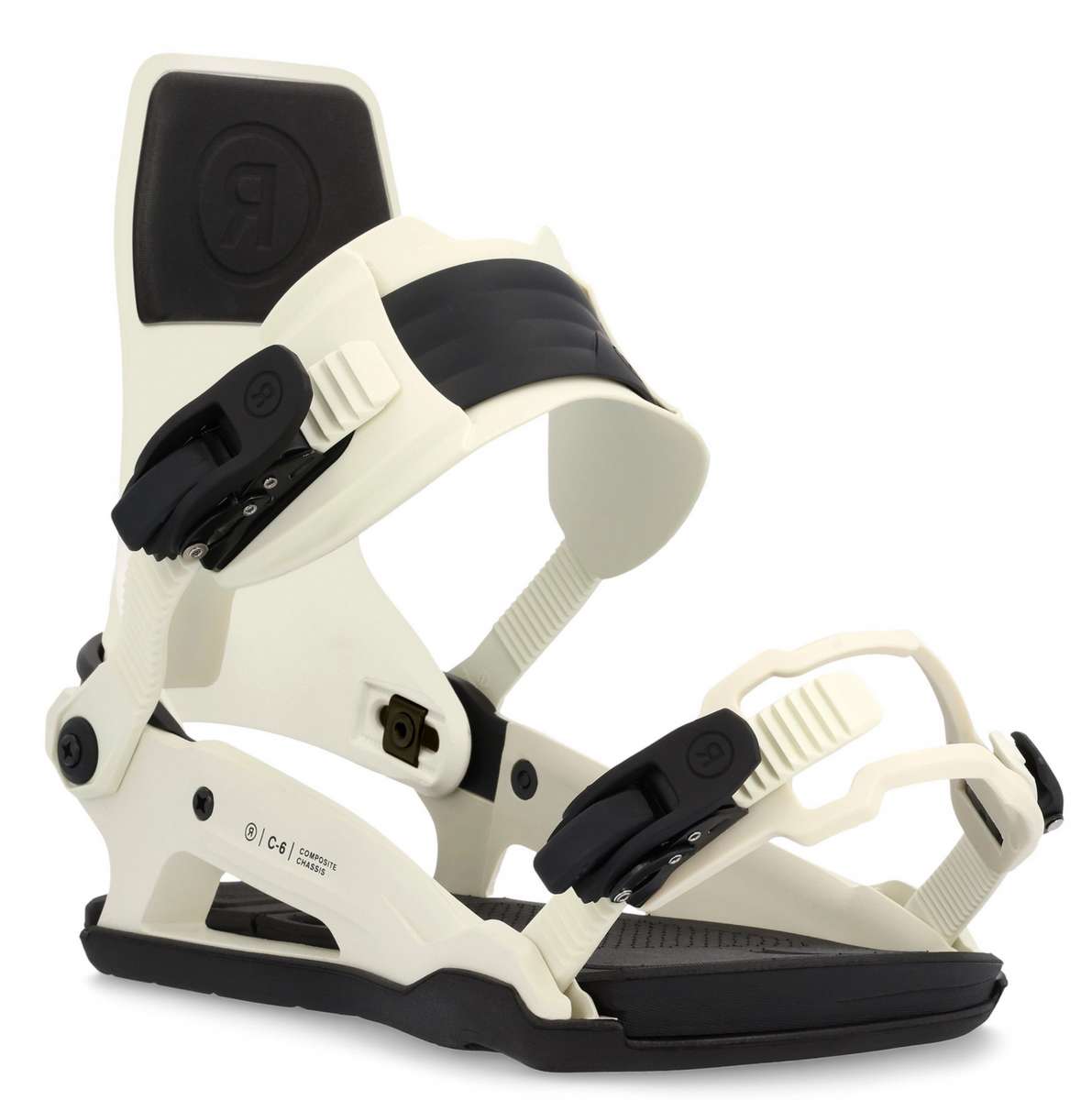 Ride C-6 Snowboard Binding 2023 - A white snowboard binding with black buckles and straps.