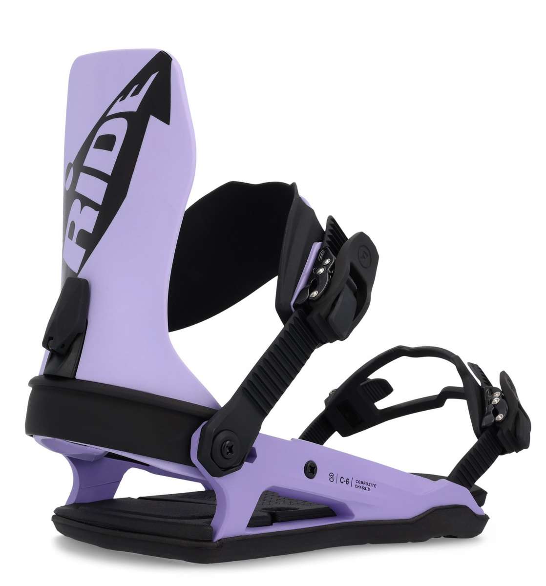Ride C-6 Snowboard Binding 2023 - A light purple snowboard binding with black buckles and straps, featuring a distinctive "RIDE" logo in white on the side of the boot.