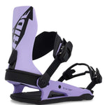 Ride C-6 Snowboard Binding 2023 - A light purple snowboard binding with black buckles and straps, featuring a distinctive "RIDE" logo in white on the side of the boot.