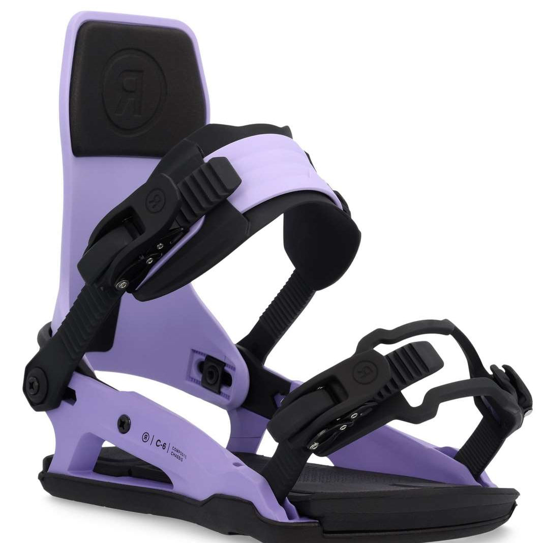 Ride C-6 Snowboard Binding 2023 - A black snowboard binding with a rectangular logo on top of the strap.