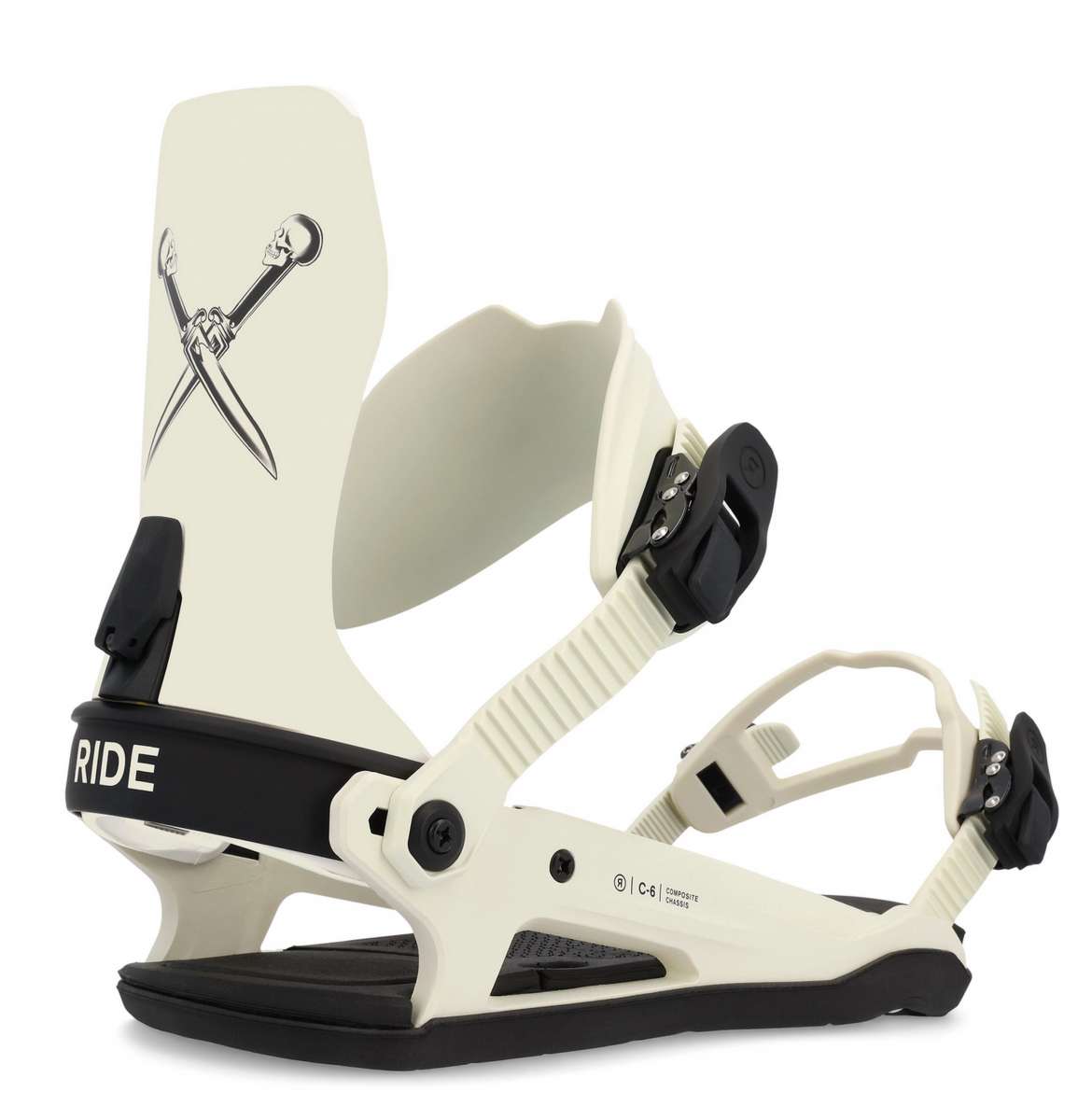 Ride C-6 Snowboard Binding 2023 - A white snowboard binding with a black strap and a silver logo on the top left corner.