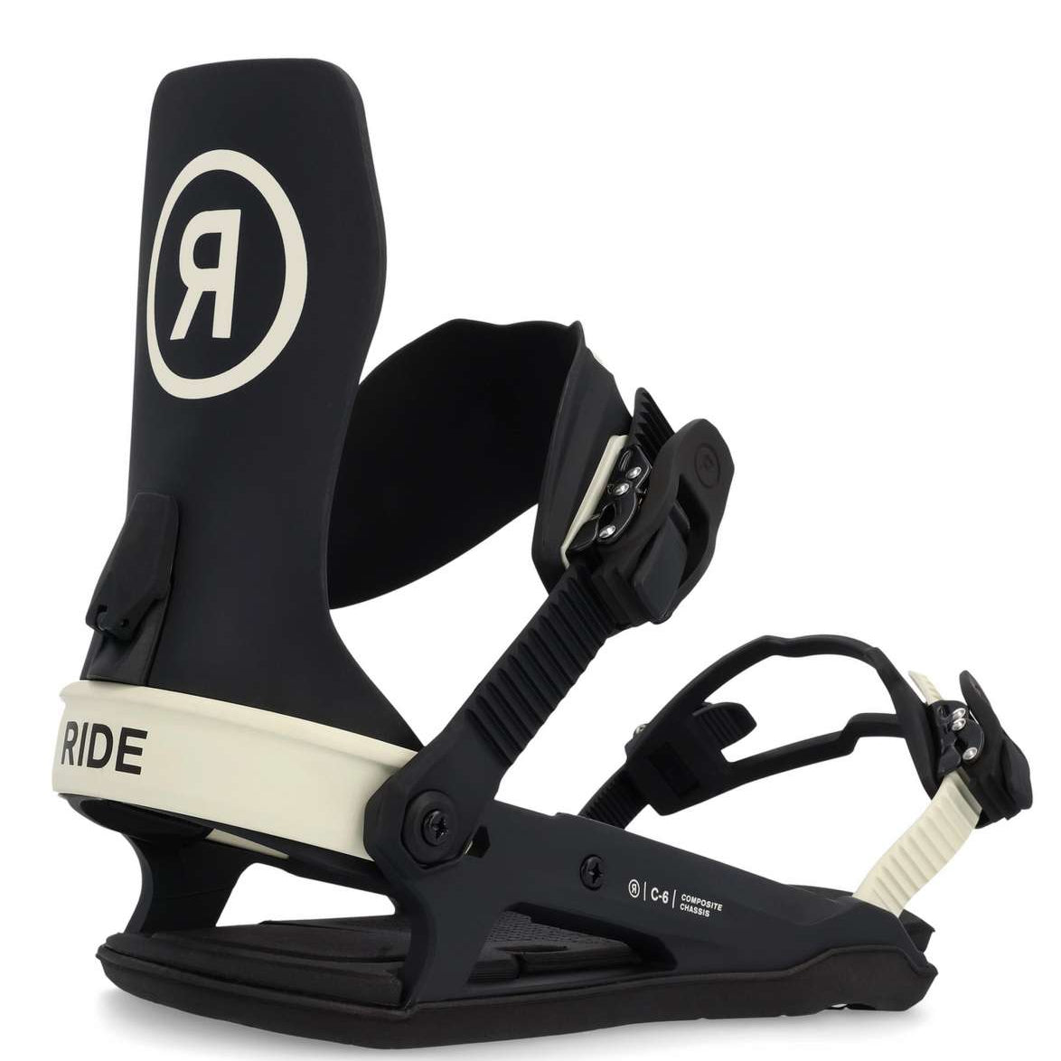Ride C-6 Snowboard Binding 2023 - Black snowboard bindings with white accents and a circular logo on top of the left binding.