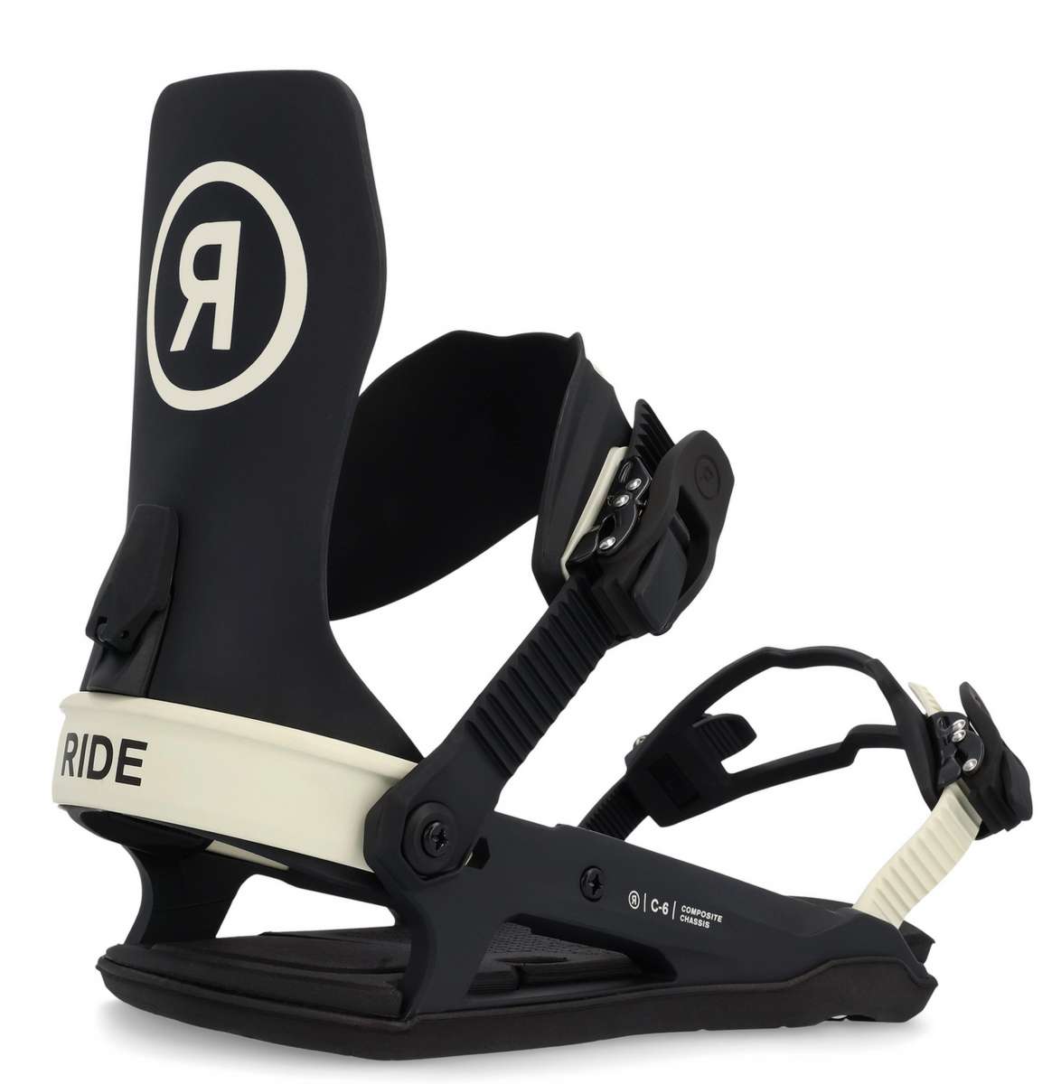 Ride C-6 Snowboard Binding 2023 - Black snowboard bindings with white accents and a circular logo on top of the left binding.