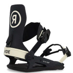 Ride C-6 Snowboard Binding 2023 - Black snowboard bindings with white accents and a circular logo on top of the left binding.