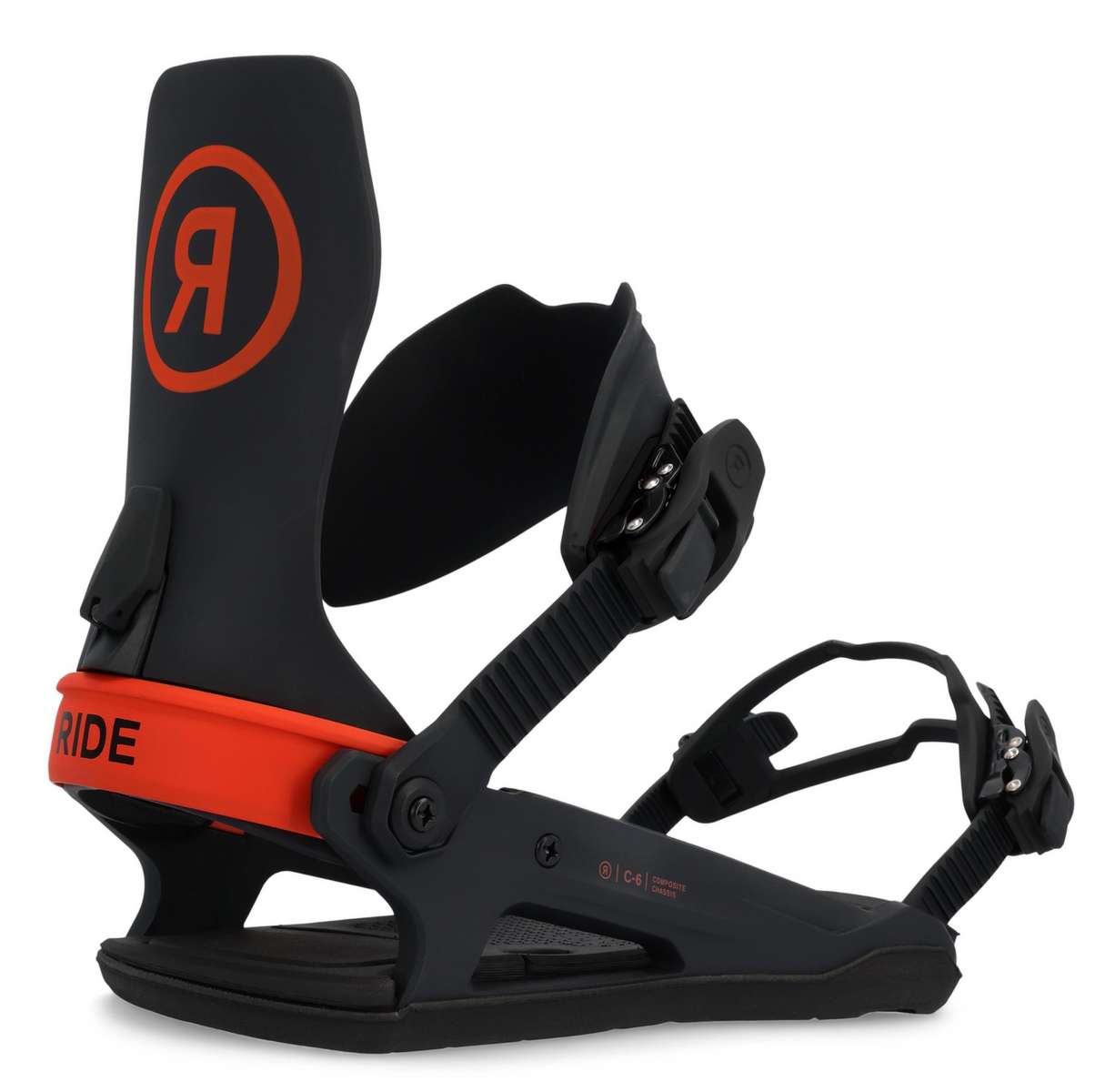 Ride C-6 Snowboard Binding 2023 - Black snowboard bindings with red accents and a circular logo on top of the left boot.