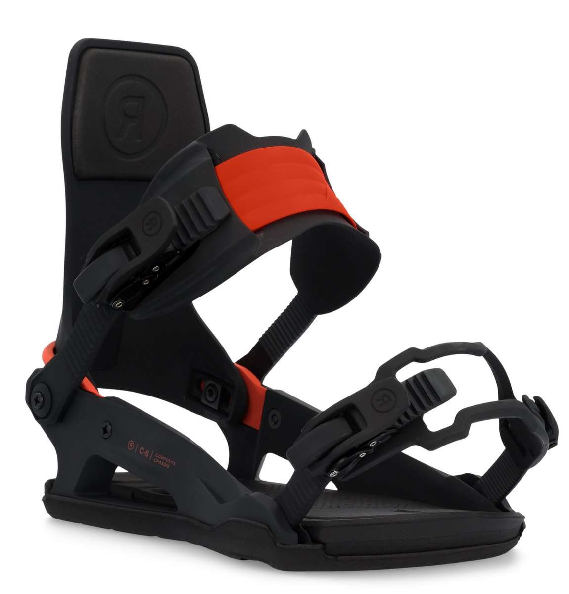 Ride C-6 Snowboard Binding 2023 - Black snowboard bindings with red accents and silver screws.