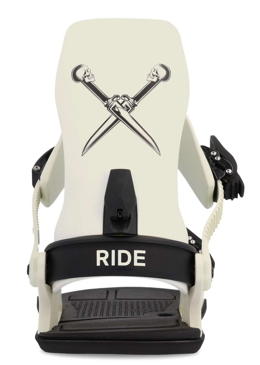 Ride C-6 Snowboard Binding 2023 - A black snowboard binding with a silver logo on top of the strap that says "ride" in lowercase letters.