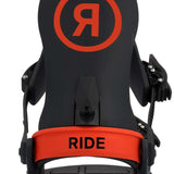 Ride C-6 Snowboard Binding 2023 - A black snowboard binding with a red logo featuring a stylized "R" in lowercase letters, encircled by a thin red line.