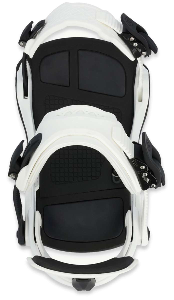 Ride C-9 Snowboard Bindings 2024 - A pair of black and white snowboard bindings with silver screws, viewed from above.