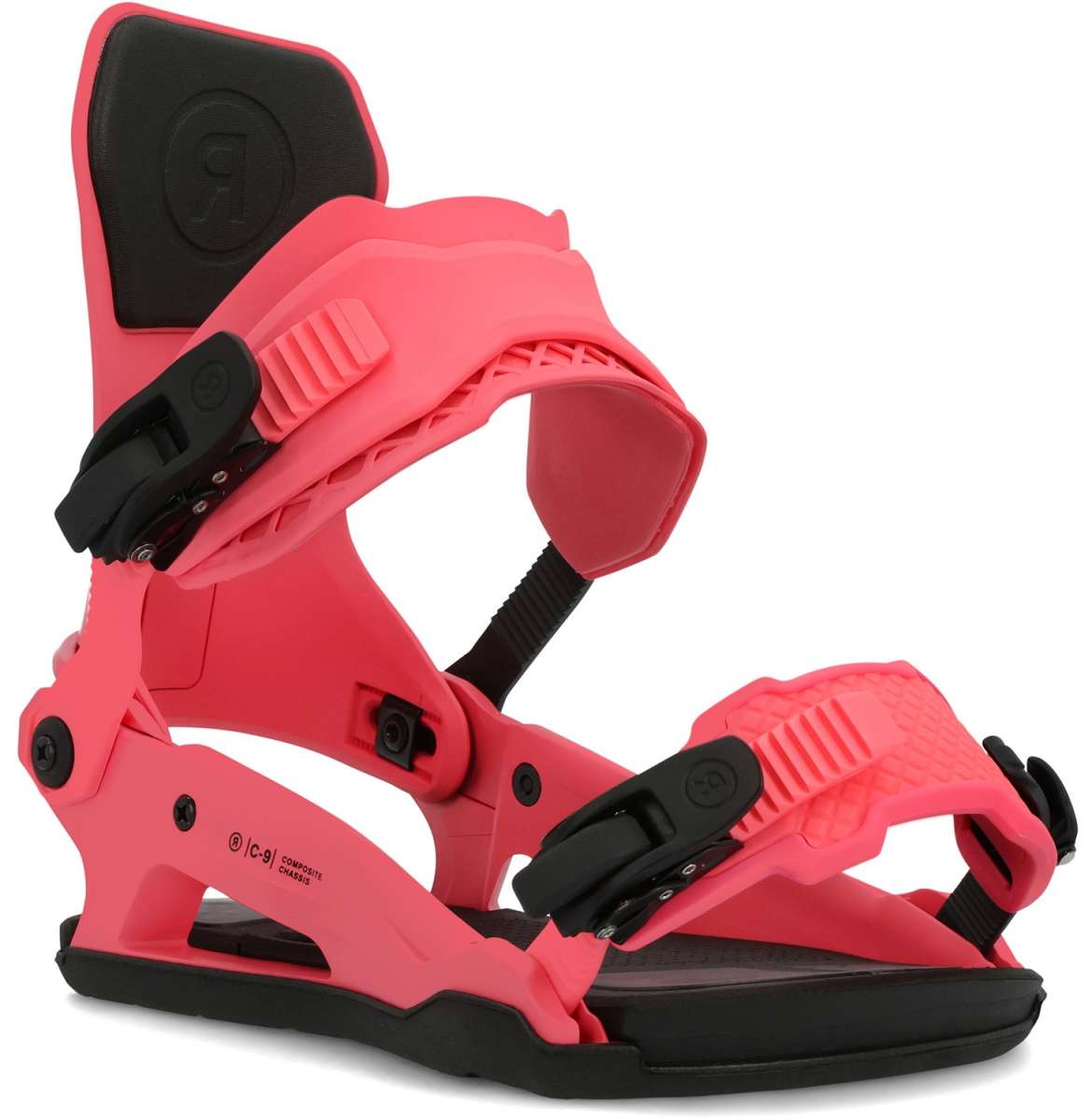 Ride C-9 Snowboard Bindings 2024 - A pair of pink snowboard bindings with black buckles and straps.