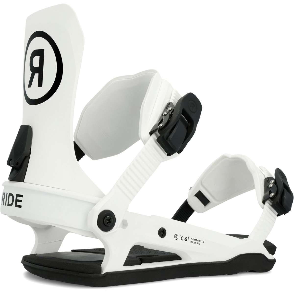 Ride C-9 Snowboard Bindings 2024 - White bindings with black buckles and straps on a white background.