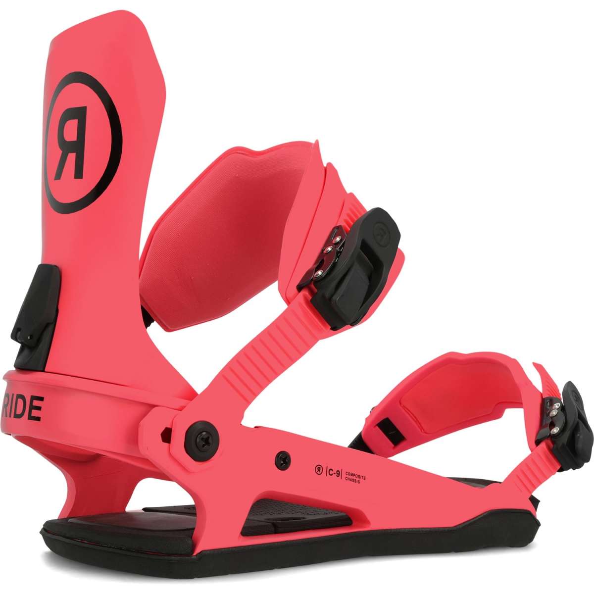 Ride C-9 Snowboard Bindings 2024 - A pair of red snowboard bindings with black buckles and straps.