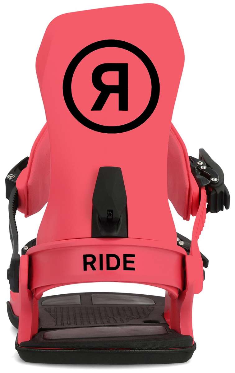 Ride C-9 Snowboard Bindings 2024 - A pair of red snowboard bindings with black buckles and straps.