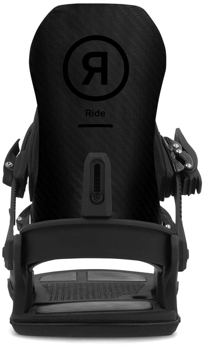 Ride C-10 Snowboard Bindings 2024 - Black bindings with a circular logo featuring a stylized "R" in black, centered on top of the binding.