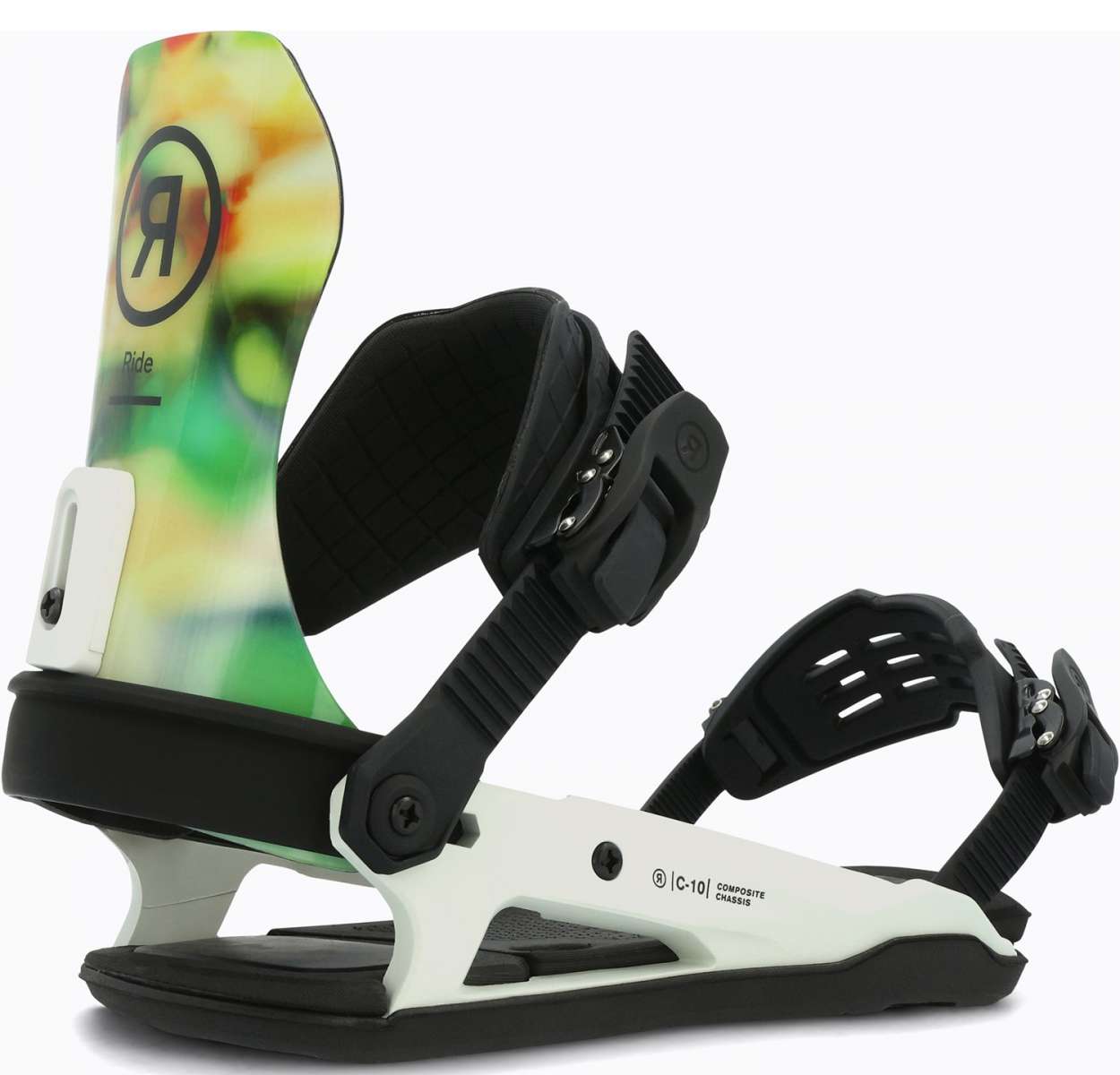 Ride C-10 Snowboard Bindings 2024 - A pair of snowboard bindings with a white base and black straps, featuring a large "R" logo on the top strap in black.